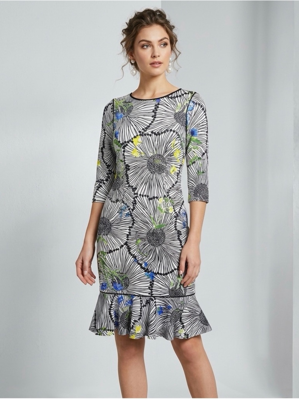 Rickie Freeman for Teri Jon Womens Quarter Sleeve Floral Print Scuba Dress Size2